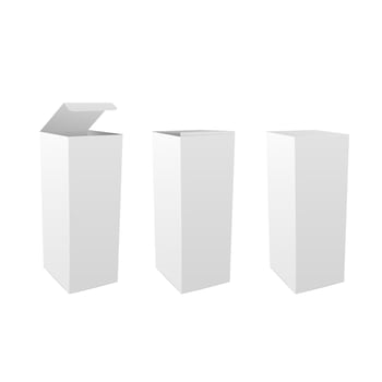 Set of realistic tall white cardboard box mockup. Vertical tall cardboard rectangular cosmetic or medical packaging, paper boxes. Isolated collection of vector 3D illustrations
