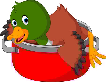 Cartoon funny duck being cooked in a pan vector