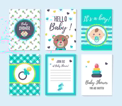 Set of vertical greeting cards and invitation for boy baby shower. Place for text vector