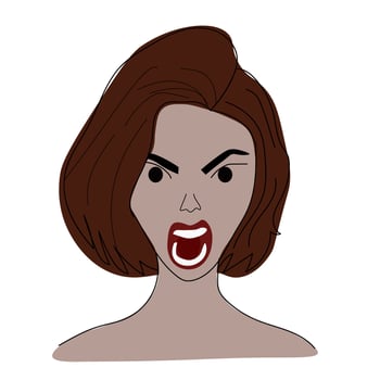 Doodle illustration brunette girl face angry vector