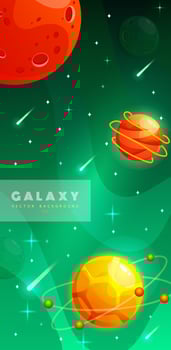 Stories template. Space background with cartoon fantasy planets. Mobile backdrop. Fantasy planets. Colorful universe. Game design. Fantasy space planets for ui galaxy game. vector