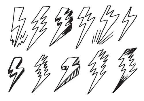 set of hand drawn vector doodle electric lightning bolt symbol sketch illustrations. thunder symbol doodle icon .