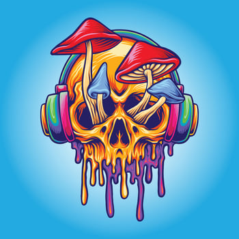 Funky psychedelic skull mushroom Vector illustrations for your work Logo, mascot merchandise t-shirt, stickers and Label designs, poster, greeting cards advertising business company or brands.