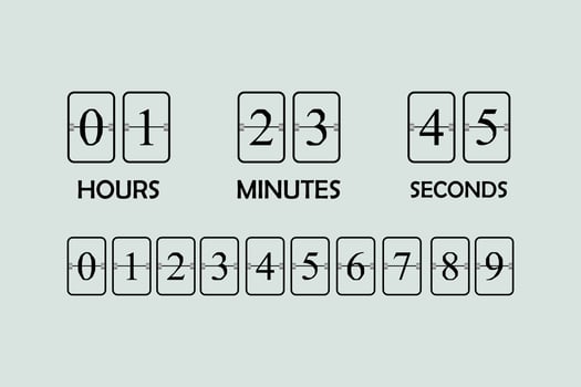 Flip board countdown clock counter timer logo template. Scoreboard of hour, minutes and seconds for web page, upcoming event, under constuction page etc vector