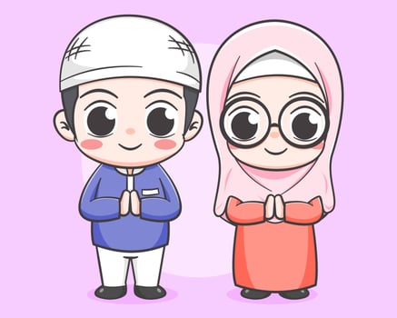 cute couple of muslim cartoon character vector
