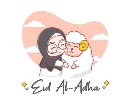 A cute girl hugging a sheep in eid al adha cartoon illustration vector