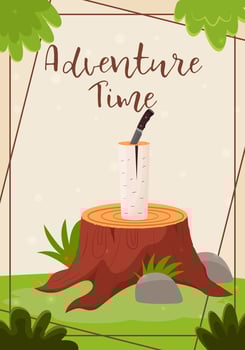 A beautiful postcard for an invitation to summer camping, hiking, journey, outdoor recreation. Flat vector illustration for poster, banner, flyer