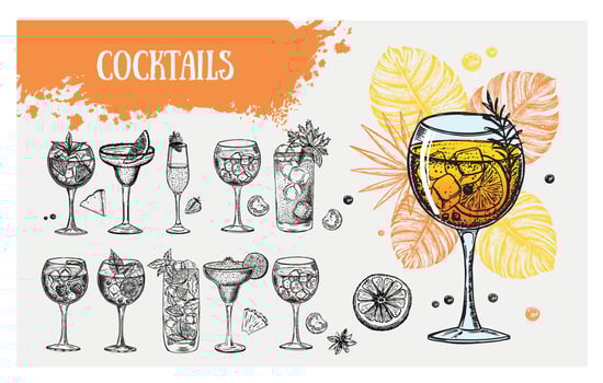 Cocktail menu design template. Alcoholic cocktails hand drawn. vector