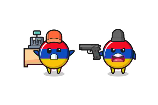 illustration of the cute armenia flag as a cashier is pointed a gun by a robber vector