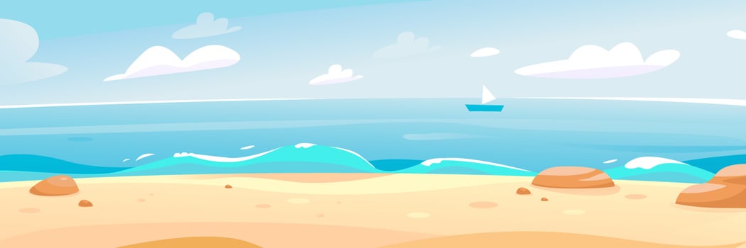 Summer beach by the sea. Beautiful seascape. A banner for a summer vacation. The sea horizon. Cartoon vector illustration