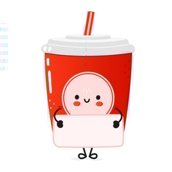Cute funny red plastic cup cold drink cola and straw poster character. Vector hand drawn cartoon kawaii character illustration. Isolated white background. Red plastic cup cold drink cola straw poster