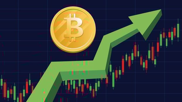 Bitcoin currency going up. Bitcoin on green graphic vector illustration