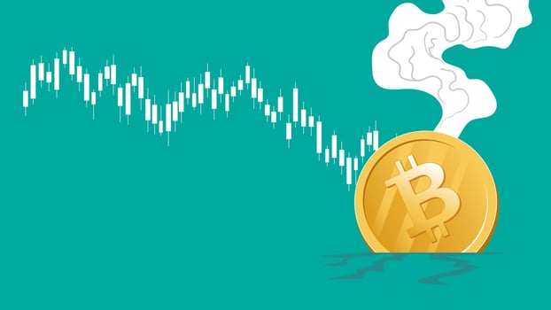Bitcoin price falls to all time low. Bitcoin crash design. Bitcoin price going down. Vector illustration template
