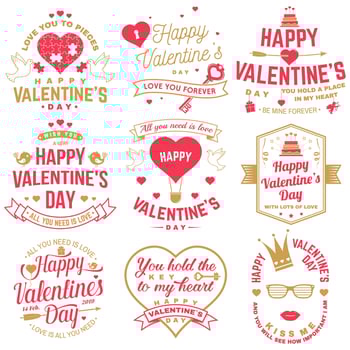 Set of Happy Valentines Day sign. Stamp, card with key, bird, amur, arrow, heart. Vector. Vintage typography design for invitations, Valentines Day romantic celebration emblem in retro style. vector
