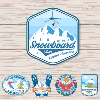 Set of Snowboard Club patches. Vector. Concept for patch, shirt, print, stamp or tee. Vintage typography design with snowboarder and mountain silhouette. Extreme sport. vector