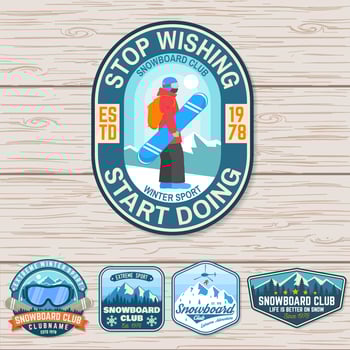 Set of Snowboard Club patches. Vector. Concept for patch, shirt, print, stamp or tee. Vintage typography design with snowboarder and mountain silhouette. Extreme sport. vector
