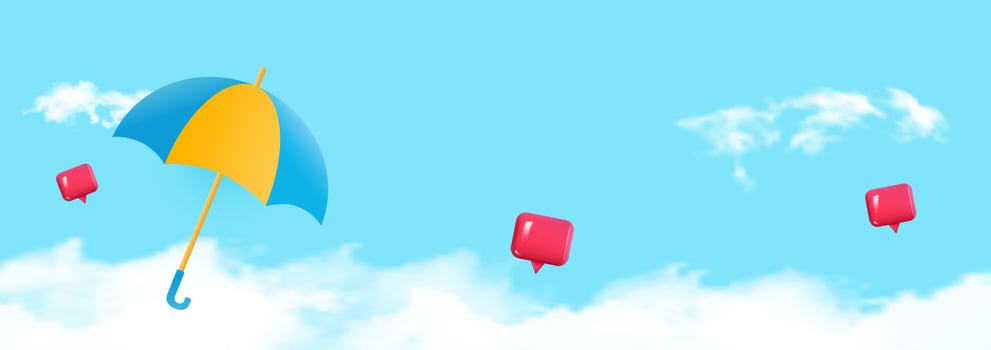 Monsoon sale offer banner template header with realistic clouds and colorful umbrella on blue background. Vector illustration.