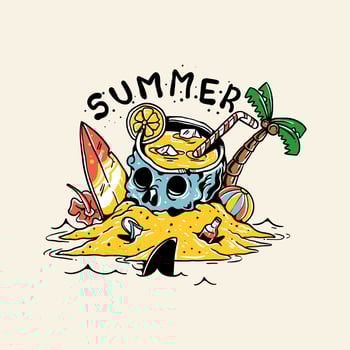 Summer vibes vector illustration skull beach surf shark