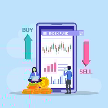 Index fund concept. business people analyzing a growth index fund graph vector illustration.