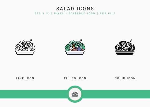 Salad icons set vector illustration with solid icon line style. Healthy vegan ingredients concept. Editable stroke icon on isolated white background for web design, user interface, and mobile app