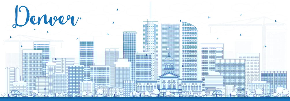 Outline Denver Skyline with Blue Buildings. vector