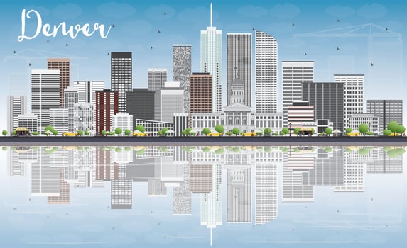 Denver Skyline with Gray Buildings, Blue Sky and Reflections. vector