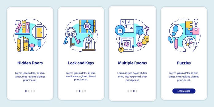 Escape room features onboarding mobile app screen. Hidden doors, puzzles walkthrough 4 steps graphic instructions pages with linear concepts. UI, UX, GUI template. vector