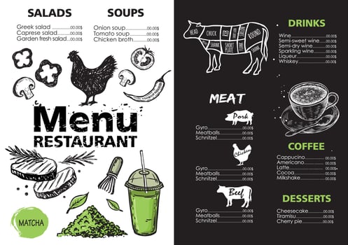 Menu template design for restaurant, hand-drawn illustration. Vector. vector