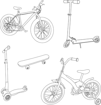 A set of summer transport. Vector illustrations of bicycle, skateboard, scooter. Contour drawings of transport for outdoor activities.