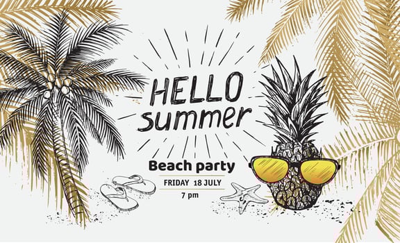 Hello Summer, palm tree, glasses, pineapple. Hand drawn illustration. vector