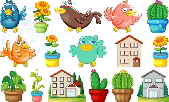 Different house designs and cute birds vector