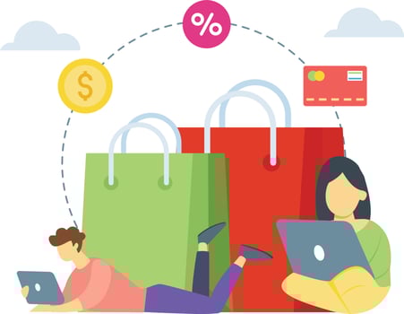 Boy and girl are shopping online. vector