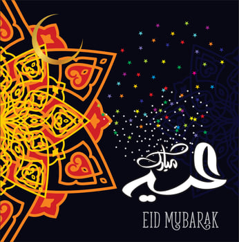 Eid Mubarak with Arabic calligraphy for the celebration of Muslim community festival. vector