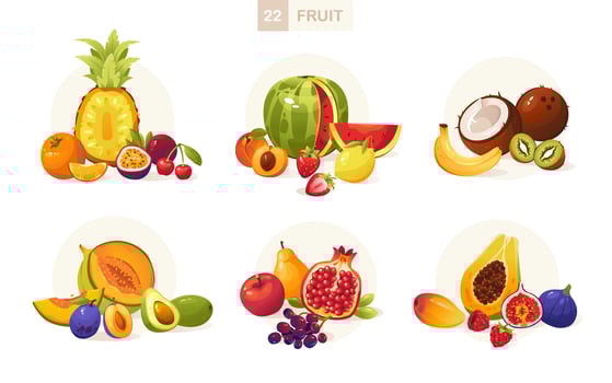 Fruits and berries vector illustration in cartoon style.  Juicy summer fruits.Big Fruit set
