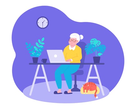 Happy grandma with laptop communicates with her family at home, watches videos, studies online courses or makes purchases. Vector illustration in flat style