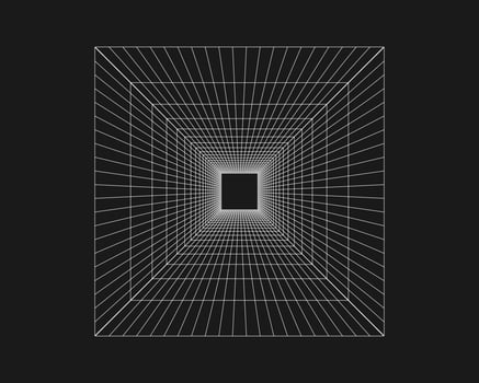 Cyber grid, retro punk perspective rectangular tunnel. Grid tunnel geometry on black background. Vector illustration.