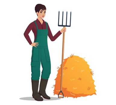 Woman Farmer with Fork and Hay pile character illustration vector