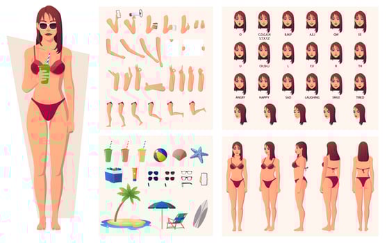 Summer Woman Wearing Bikini Character Constructor with Beach wear and lip sync side, front and back view Illustration vector