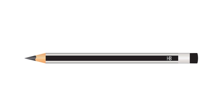 Black wood pencil with silver stripes and rubber eraser. School supply, drawing accessories, stationery. Flat vector illustration.