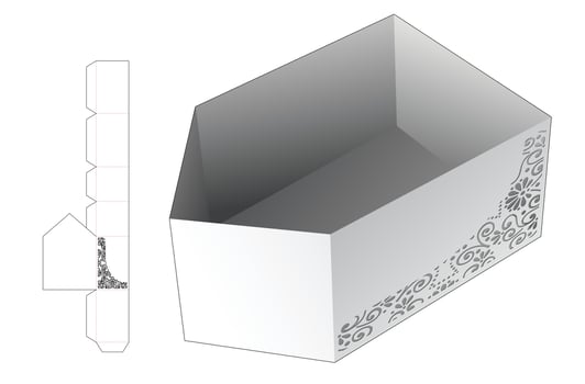 Angle tray with stenciled die cut template and 3D mockup vector