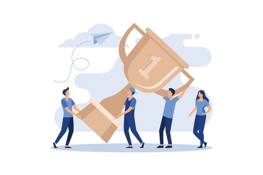 Business Team Success, Achievement Concept. Flat People Characters with Prize, Golden Cup. Office Workers Celebrating with Big Trophy.flat modern design illustration Premium Vector