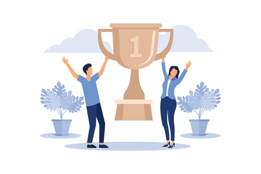 Successful Businessman with Prize. Business Success Teamwork Concept. Manager with Winning Trophy Cup. Leader Man and Woman Celebrating Victory. Vector illustration