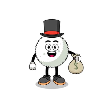 rice ball mascot illustration rich man holding a money sack vector