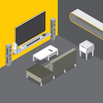 Living room with home theater in a room with yellow on the wallpaper vector