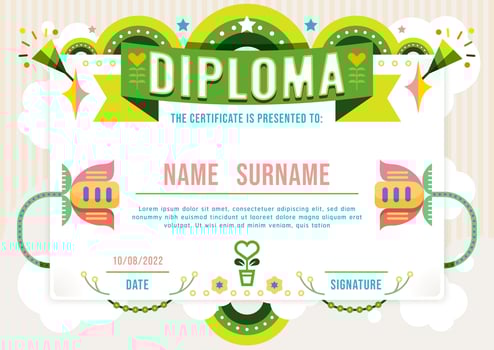 Certificate kids diploma, kindergarten template layout flower green nature eco vector. vector