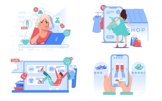 People shopping order goods online buy at discount vector