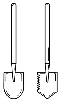 Hand drawn set of two shovels. Tool used in gardening and hiking. Doodle style. Sketch. Vector illustration