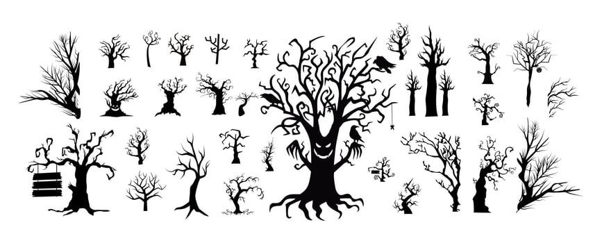Halloween silhouettes black icons and characters trumpkin funny t-shirt Halloween pumpkin boo witch ghost skull bat skeleton vector illustration.