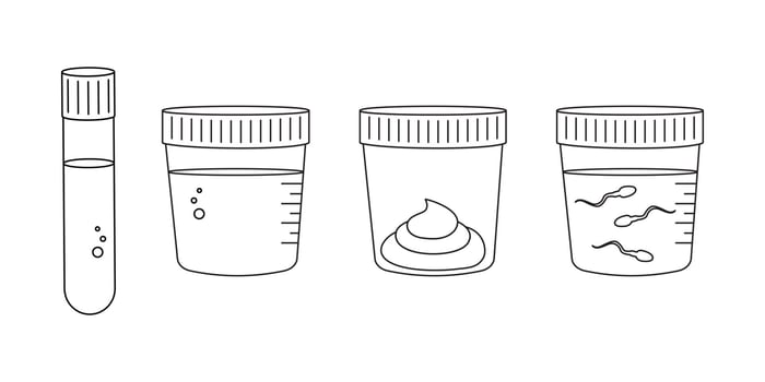 Linear medical tests of blood, urine, stool, sperm. Urinalysis, blood, poo and semen analysis set vector