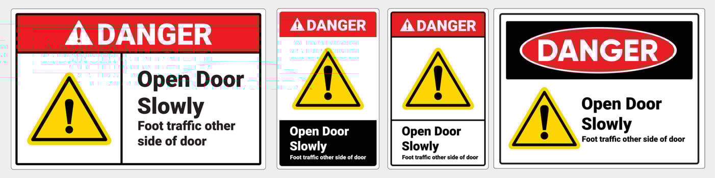 Safety sign Open door slowly, foot traffic other side of door caution.  OSHA and ANSI standard sign danger. vector